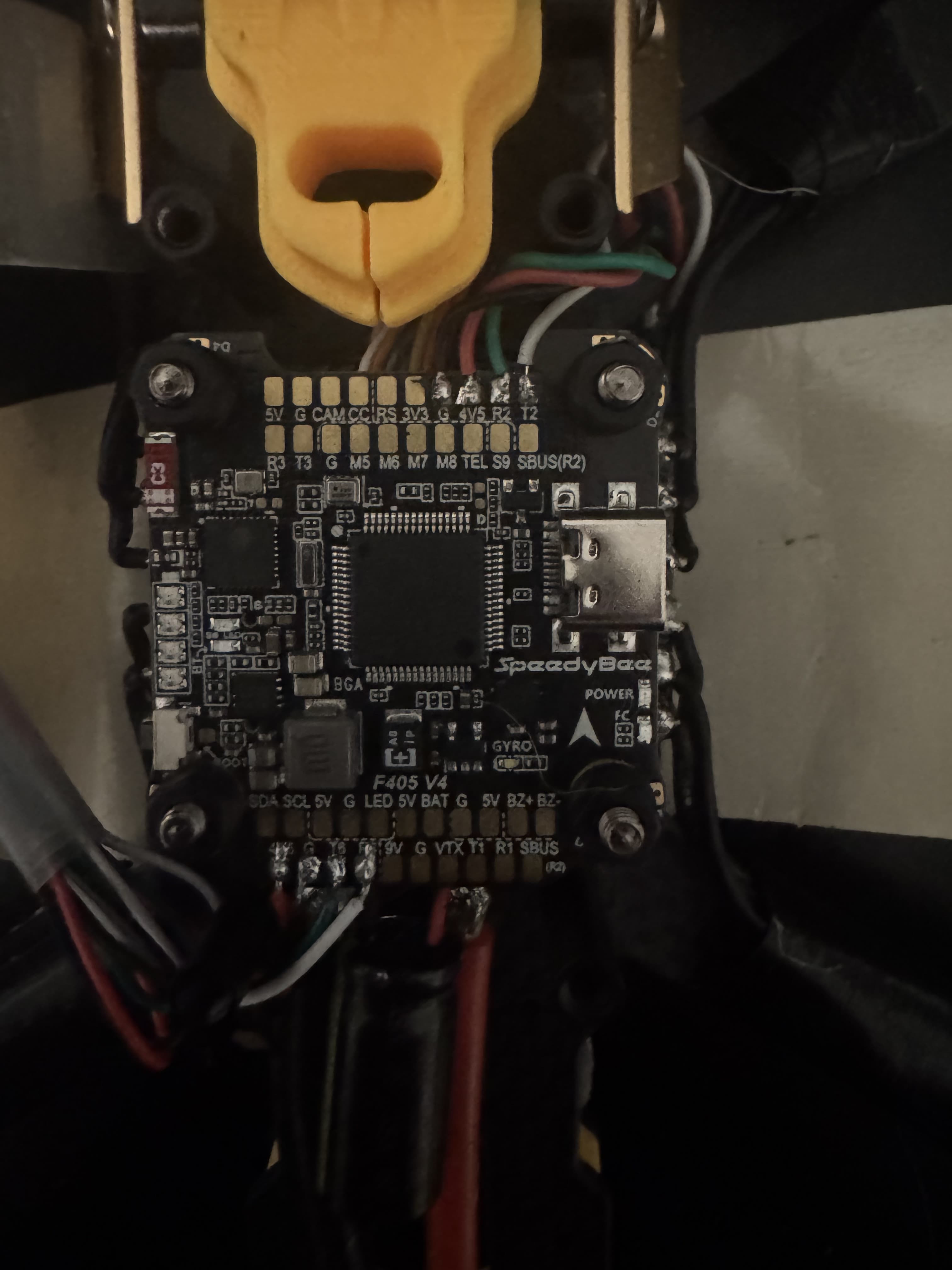 Top-down view of the flight controller mounted on the frame